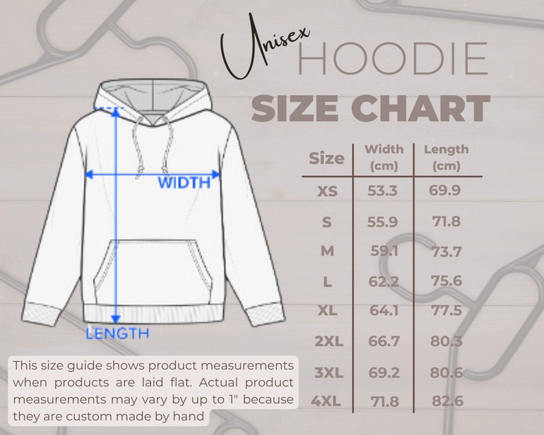 Hoodie size chart for custom tracksuits 